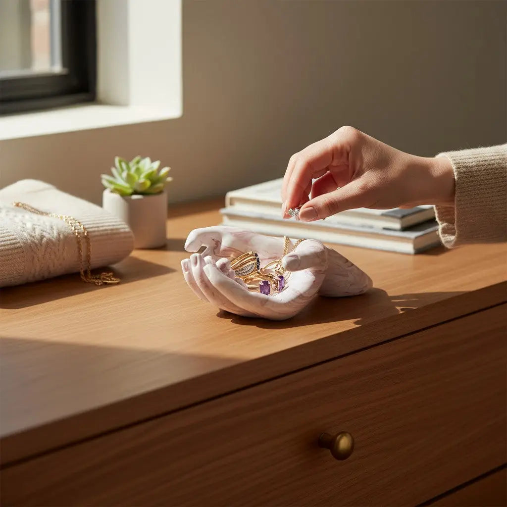 Décoration mains posée sur une table ou étagère, objet design et original