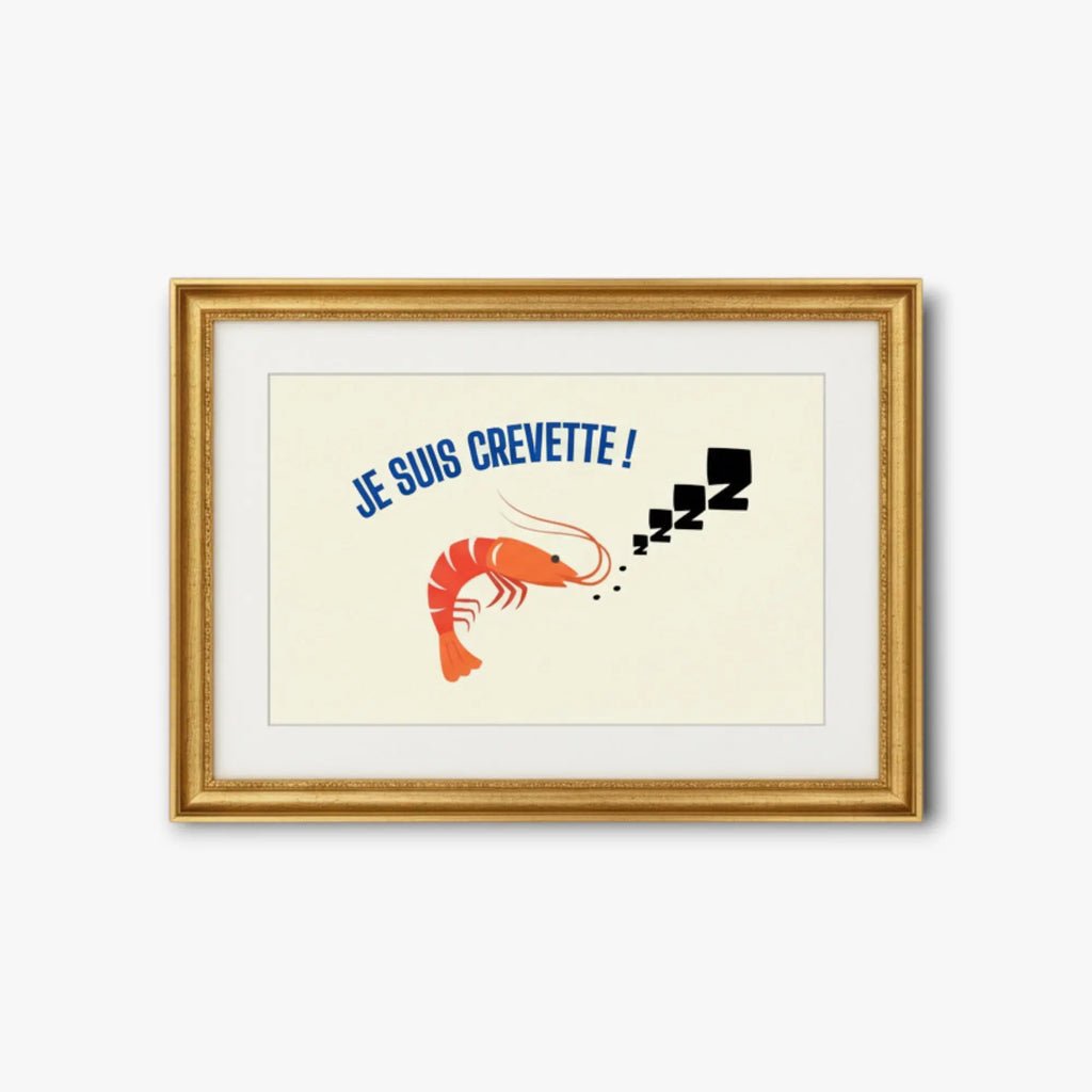Illustration d'une petite crevette fatiguée - illustration 10x15cm papier photo dans un jolie cadre dorée :)