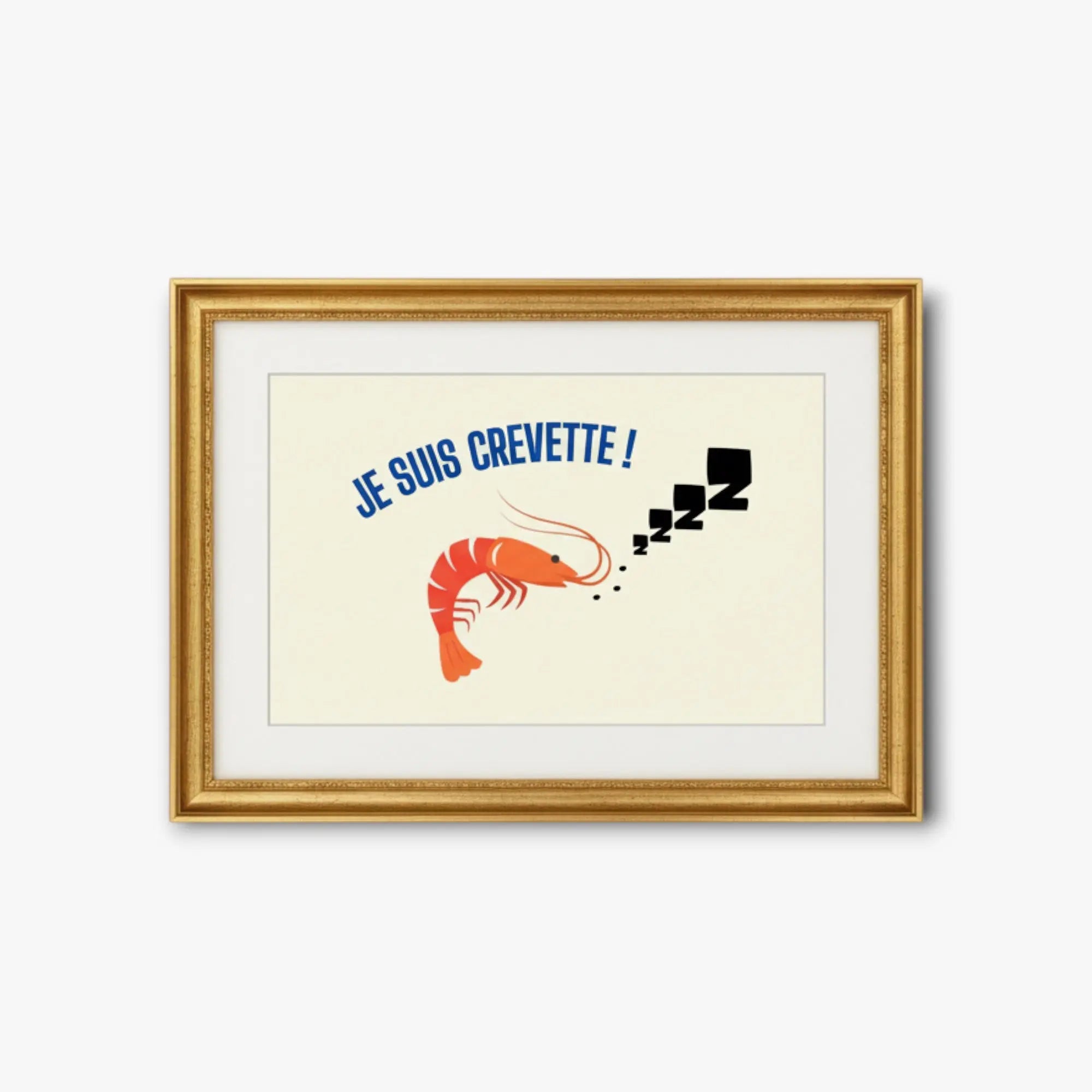 Illustration d'une petite crevette fatiguée - illustration 10x15cm papier photo dans un jolie cadre dorée :)
